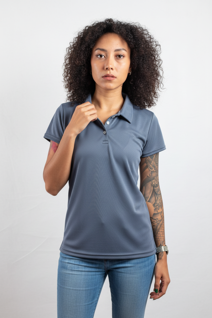 Chica polo azul acero